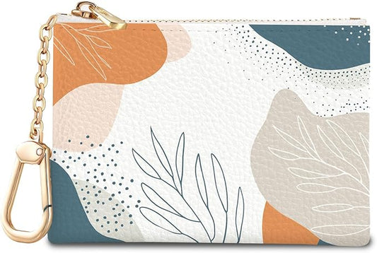 Boho Leaves Abstract Keychain Coin Purse for Women, Small PU Leather Change Pouch, Zipper Little Tiny Travel Wallet for Girls, Cute Kawaii Zip Pocket Coin Holder with Key Ring