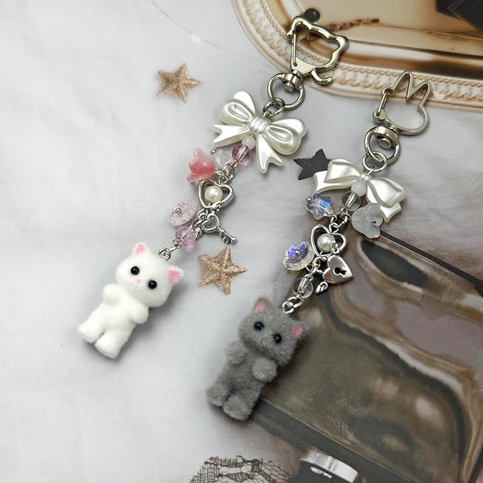 Cute Cat Keychain, Y2K Heart Bow Pendant, Kawaii Cat Bag Charm