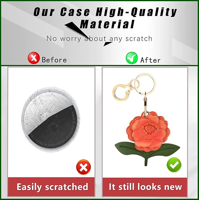 Leather Keychain Holder Case Compatible with AirTag,Cute Protective Apple Air Tag Cover with Keychain Ring,Anti-Scratch Finder GPS Tracker Case for Wallet Keys,Bag,Pets(Red Peony)