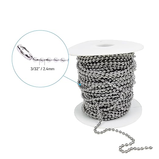 HFS(R) Ball Chain Spool Stainless Steel 304 Bead Chain with 100 Clasps for DIY Projects 100 Feet 3/32" (2.4mm) Diameter