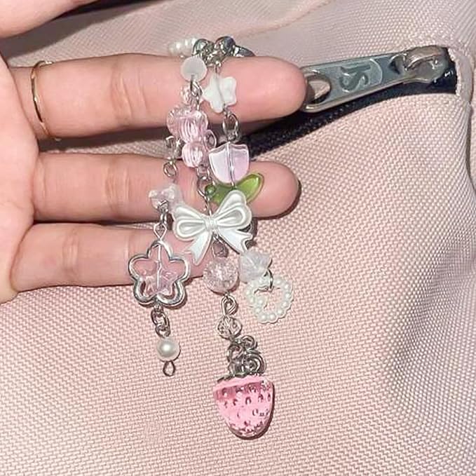 Angyape Cute Pink Strawberry Keychain Y2K Keychain Bow Flower Heart Pendant Bag Charms Kawaii Aesthetic Accessories for Women