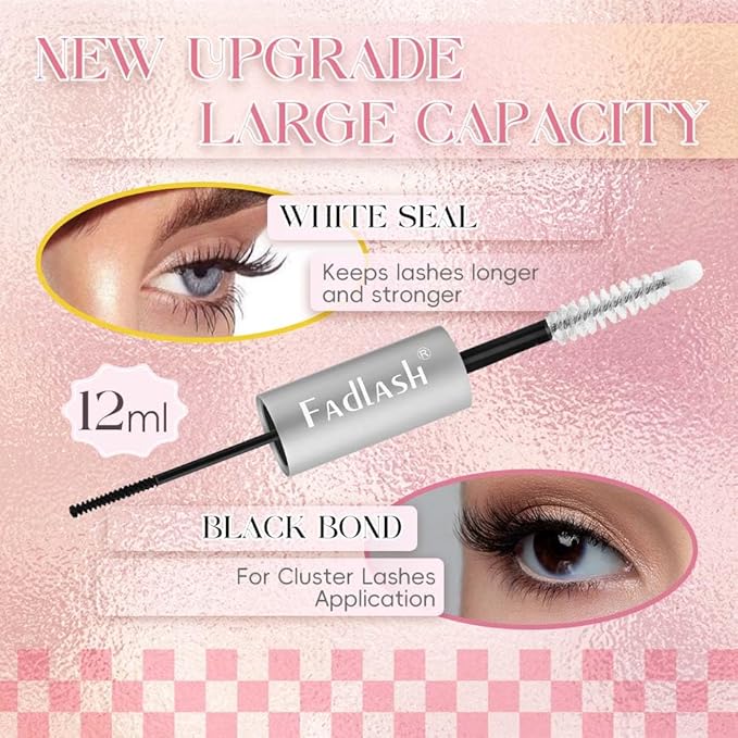 FADLASH Lash Bond and Seal 12ml Lash Cluster Glue for Eyelash Clusters Strong Hold Eyelash Glue Black Long Lasting at Home