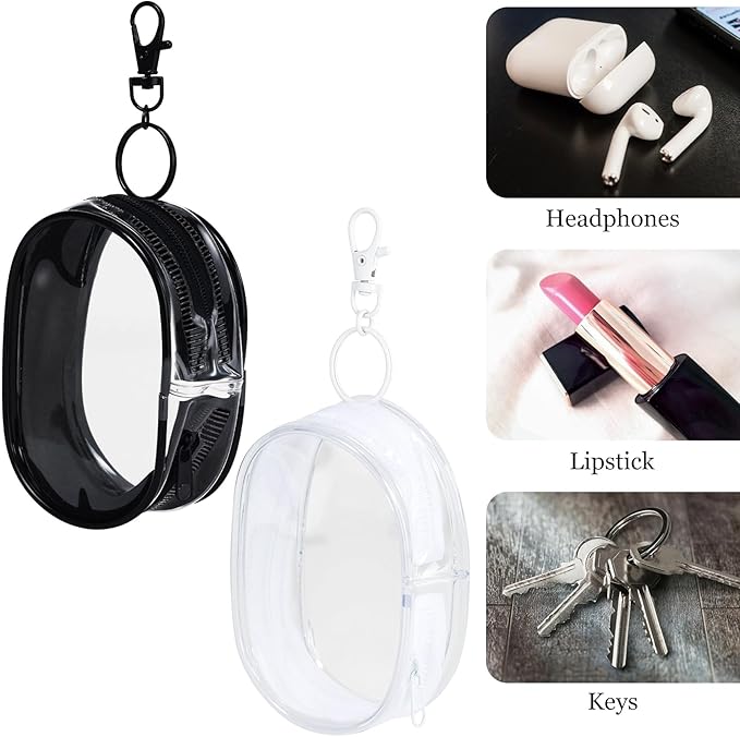 2pcs Clear Keychain Pouch, Portable Mini Zipper Case Makeup Bags with Hook, Small Waterproof PVC Figure Display Pouch Travel Cosmetic Case for Organizing Keys Lipstick- Black & White