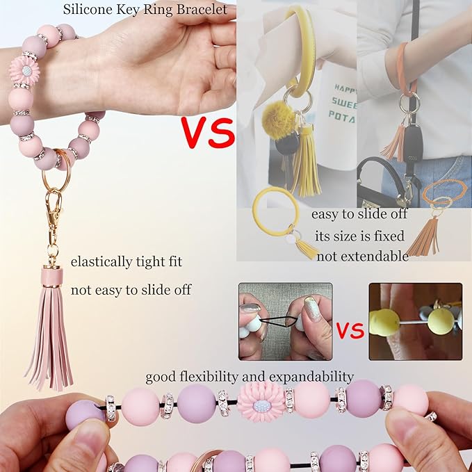 BIHRTC Key Ring Bracelet Car Keychain Holder Wristlet Silicone Women Beaded Bangle Chains