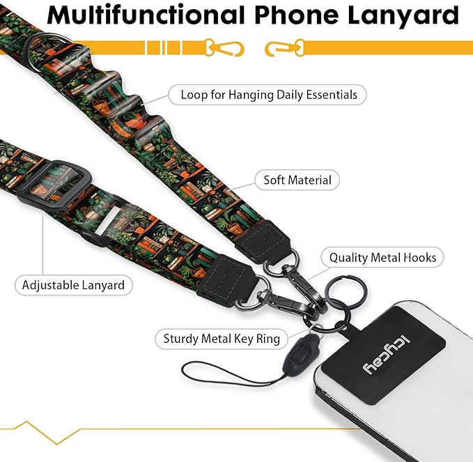 Phone Lanyard Crossbody, Plant Bookshelf Cell Phone Strap for Around The Neck Adjustable, Anti Theft Cute Lanyard for iPhone Case ID Holder Keys Accessories Travel Essential