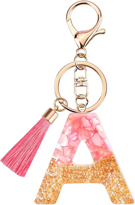 Suweibuke Cute Pink Key Chains for Women Girls, Initial Letter Keychains with Tassel, Charms for Key Purse Handbags Backpacks
