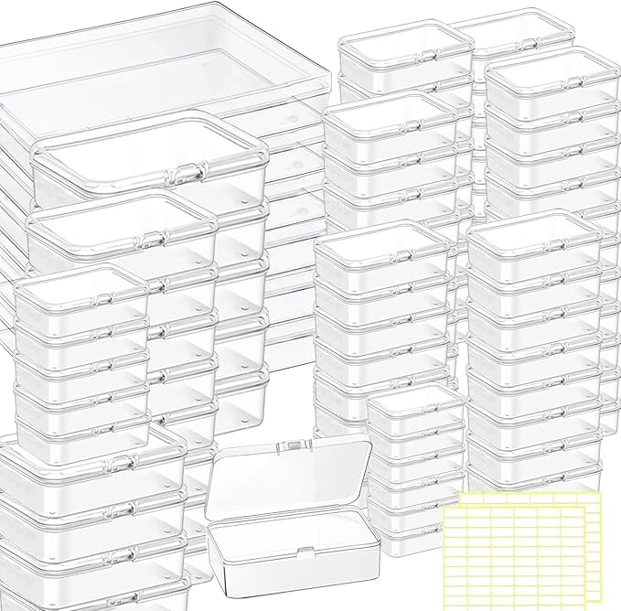 Bead storage container,90pcs of different sizes rectangular mini clear plastic storage box with hinged lid and label for bracelet making DIY jewelry craft nail organizer,(Mix Size-1)