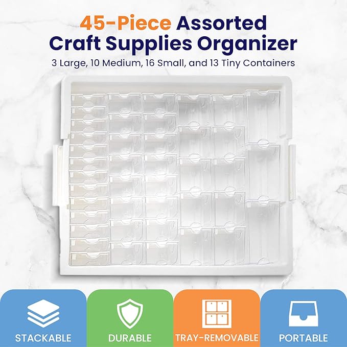 Darice Elizabeth Ward 45 Piece Assorted Portable Diamond Painting Storage and Bead Organizer with 42 Variable Sized Containers, 8 Pack, Clear