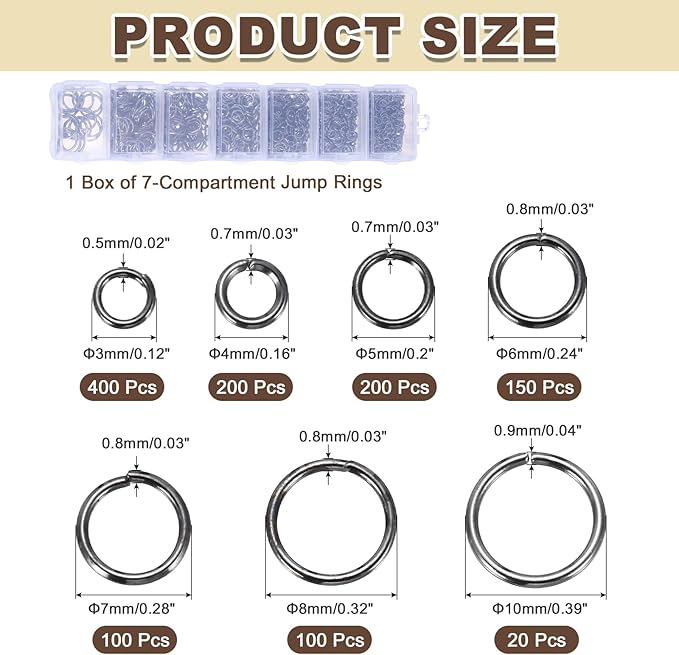 MECCANIXITY 1170Pcs Jump Rings for Jewelry Making, 7 Sizes Jewelry Making Kit with Jump Ring Opener & Pliers for Keychains Earings Repairing DIY Crafting Black