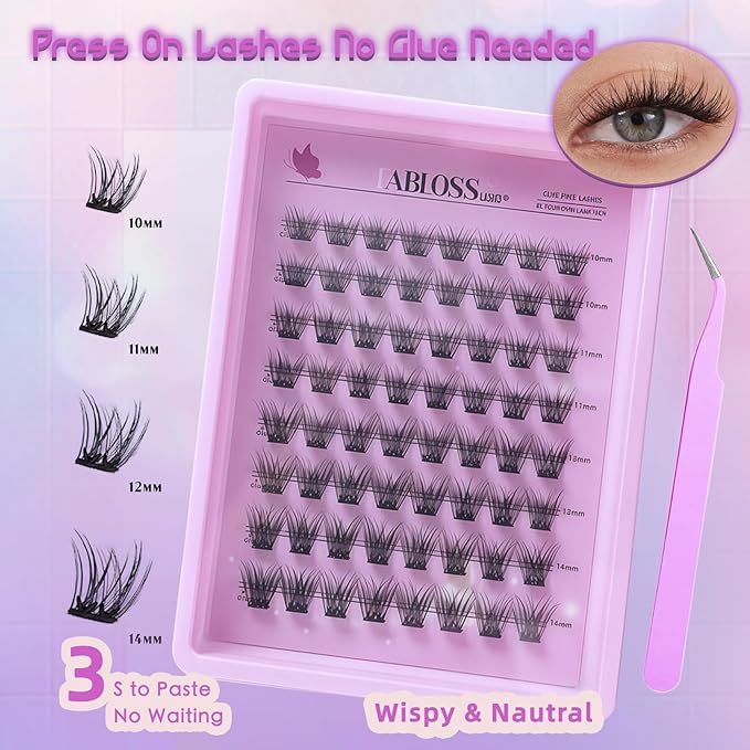 Natural Self Adhesive Lashes Clusters 80Pcs Self Adhesive Eyelashes Press On Lashes No Glue Needed 10-14mm Pre Glued No Glue Needed No Remover No Residue