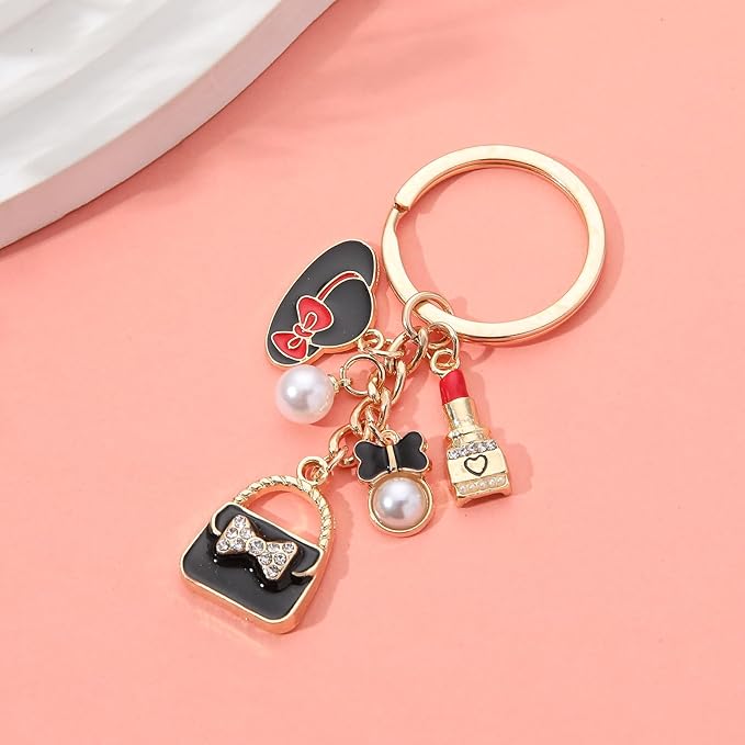 PHAETON 10PCS Keychains with Hat, Lipstick, Pearl, Bow, Handbag Pedant for Women Enthusiast Keychain Set Makeup Lovers Gift Cosmeticians Gift Make up Decoration Favor