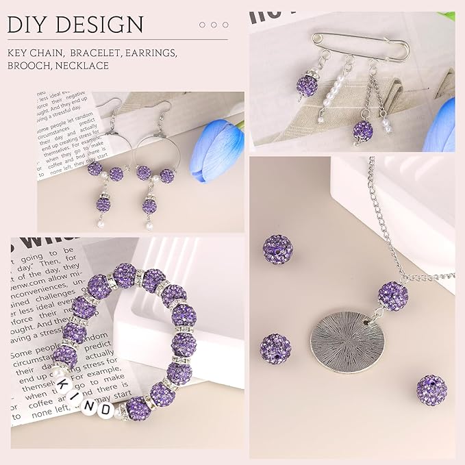 200 Pcs Purple Rhinestone Beads for Jewelry Making, Sparkle Crystal Clay Christmas for Bracelet Baseball Necklace Earring Crafting and DIY, Shiny Round Shamballa Disco Ball Beads Bulk