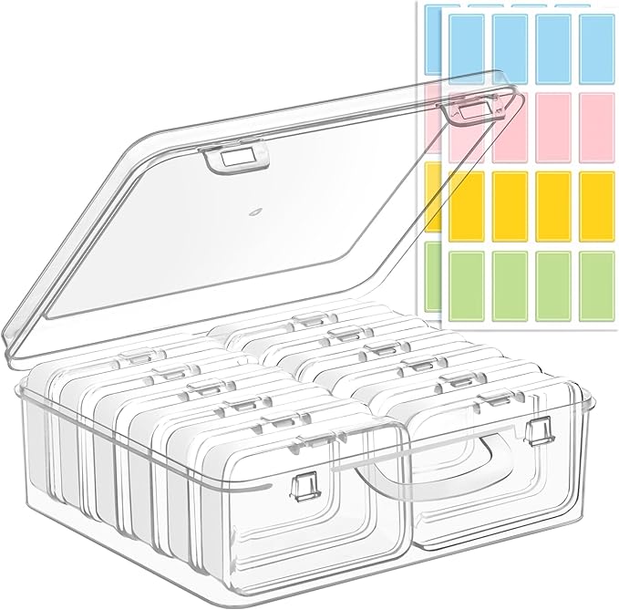 Small Bead Organizers and Storage, 12 Clear Plastic Boxes with Hinged Lids, for Beads, Jewelry Making, Crafts, Hardware, Fishing Tackle, Small Parts (32 Labels)