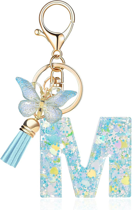 Fashion Alphabet Initial Letter Keychain Tassel Butterfly Pendant Key Ring for Purse Handbags Women Girl