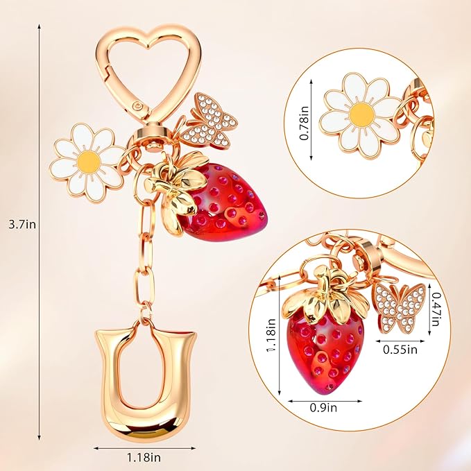Strawberry Initial Keychain for Women-Cute Kawaii Gold Alphabet Bag Charms, Key chain Gift for Purse Handbag
