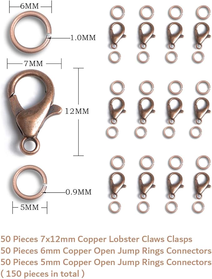 AD Beads 50 Pieces Lobster Claws Clasps Plus 100 Pieces 6mm Match Color Open Jump Rings Suitable for Necklace Bracelets Jewelry (7x12mm, Copper)