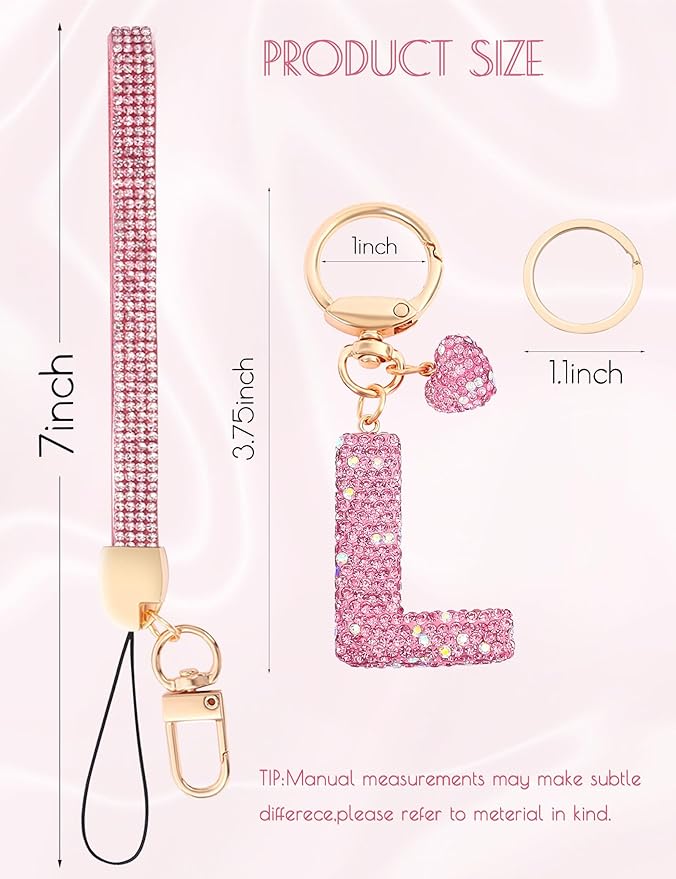 Initial Keychain for Women Girls,Bling Letter Key chain Initial with Heart,Pink Keychain Charms for Backpack Handbag