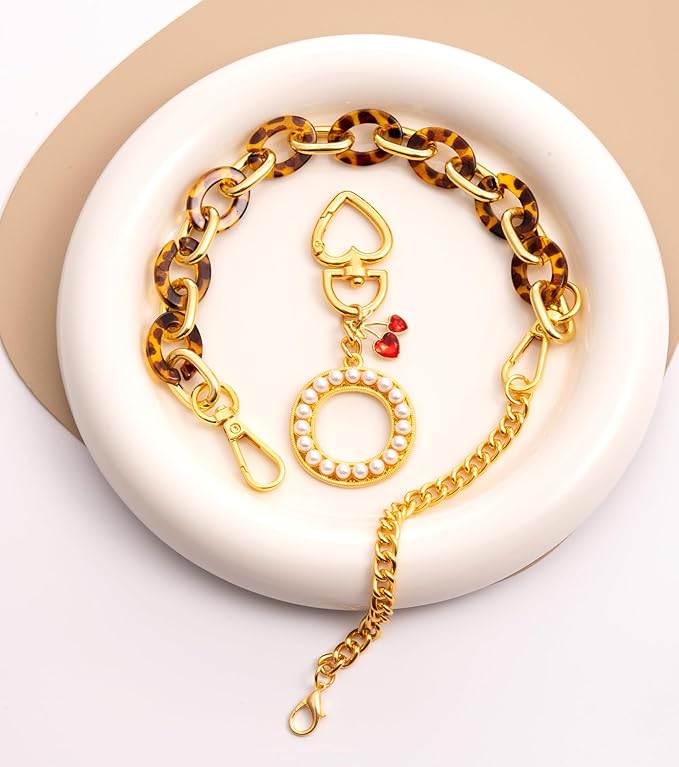 Pearl Initial Keychain with Leopard Bag Charms Wallet Chain Women Cute Alphabet Keychains Charm for Purse Handbag