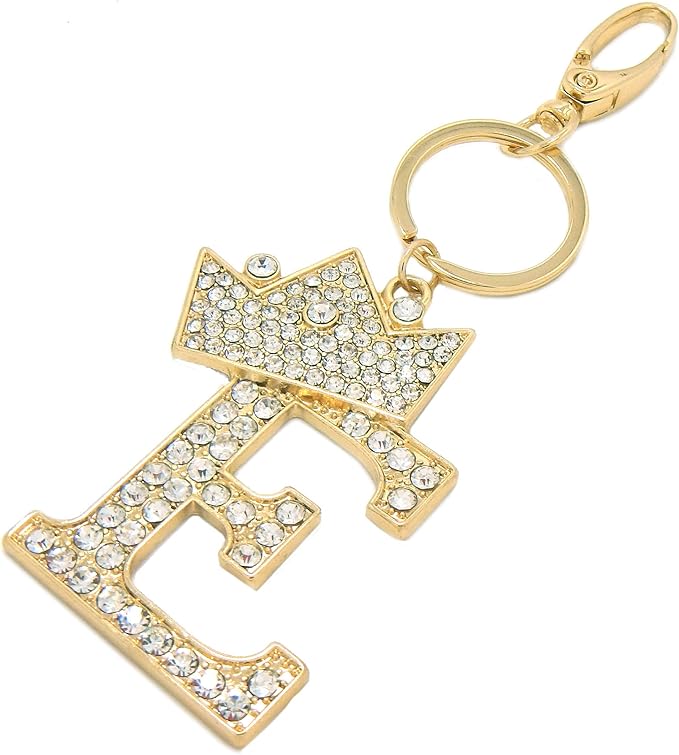 CBC Crown Crystal Rhinestone Letter Initial Keychain, Gold Metal, Bag Charm with Key Ring Approx. 2.17" x 2.56"