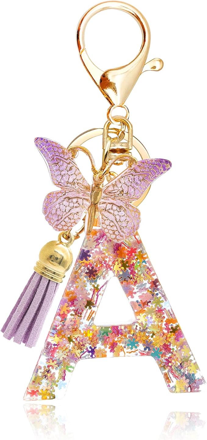 Fashion Alphabet Initial Letter Keychain Tassel Butterfly Pendant Key Ring for Purse Handbags Women Girl