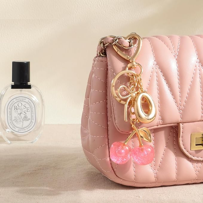 Snycler Bubble Initial Keychain with Cherry & Bow - Gold Letter Bag Charms for Women, Cute Purse Handbag Accessories
