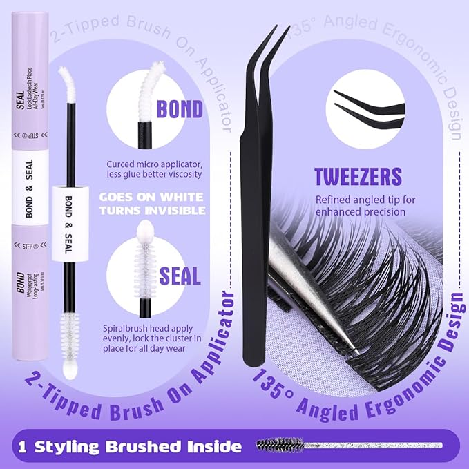 Kiromiro Natural Lash Clusters Kit 12-16mm Cluster Eyelash Extensions C Curl Individual Lash Clusters Kit 144pcs DIY Wispy Eyelash Clusters with Bond and Seal & Tweezers
