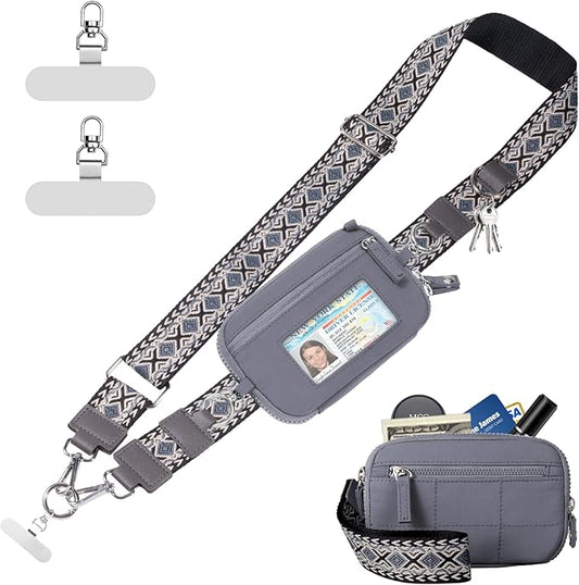Clip and Go Strap for Phone with Wallet Crossbody Phone Lanyard with Anti-Theft Zipper Pouch Detachable Quilted Wrist Wallet with RFID and ID Window for Daily Travel. Grey