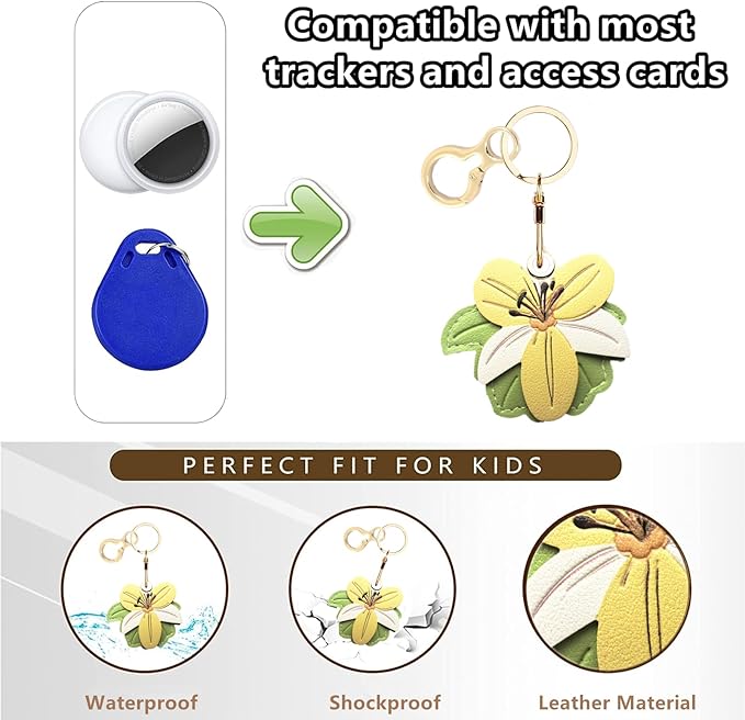 Leather Keychain Holder Case Compatible with AirTag,Cute Protective Cover with Keyring,Anti-Scratch Finder GPS Tracker Case for Wallet Keys,Bag,Pets(Flower B)