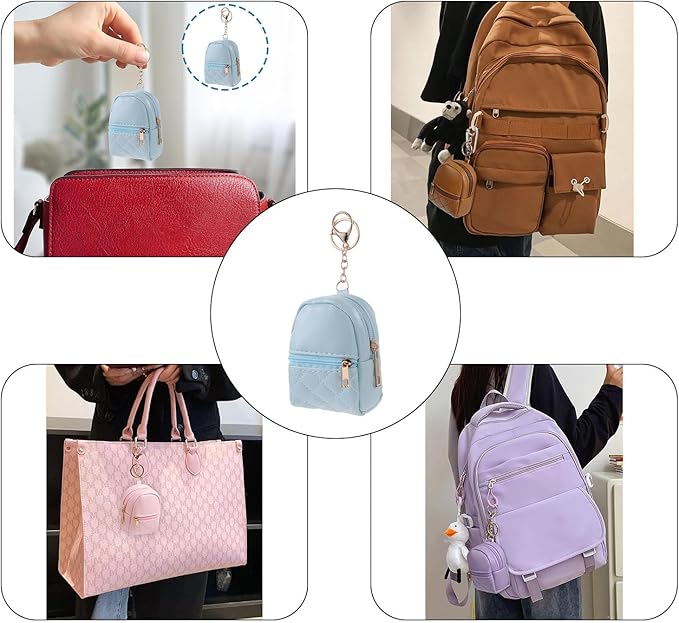 1 Pc Blue Mini Backpack Keychain for Women,Cute Small Cosmetic Bag,PU Leather Makeup Bag Key Pocket Lipstick Bag Card Holder Data Cable Organizer Zipper Pouch