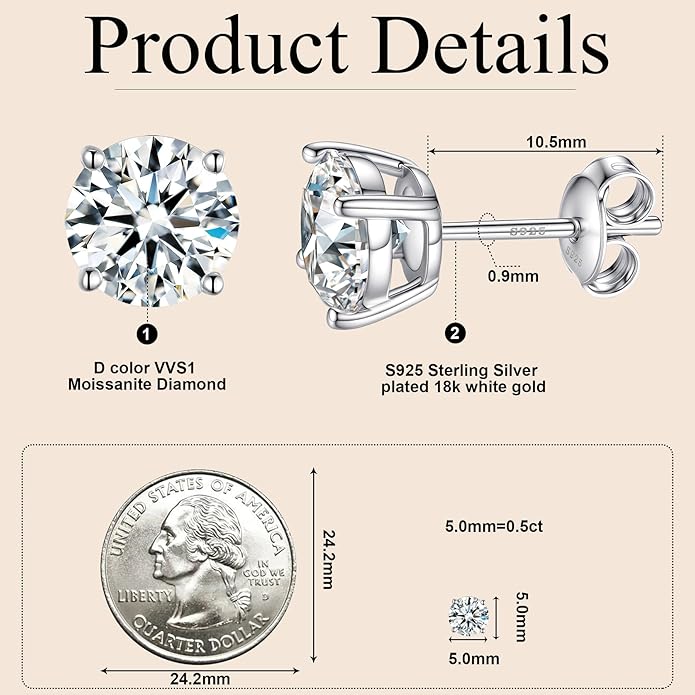 Moissanite Earrings for Women，D Color VVS1 Clarity Lab Created Gemston Men Studs S925 Sterling Silver Plated 18k White Gold Hypoallergenic Jewelry