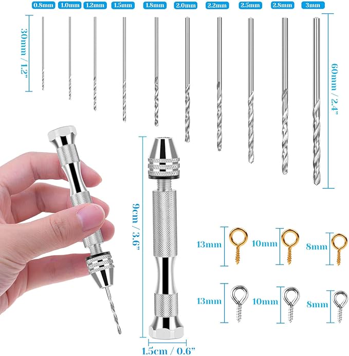 Pin Vise for Resin Casting Molds, Shynek Hand Drill for Jewelry Making Resin Tools Includes 1Pcs Push Hand Drill 10Pcs Drill Bits 480Pcs Eye Screws for DIY Keychain (Gold+silver)
