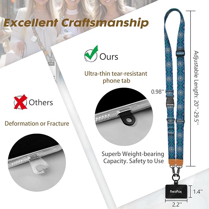 Phone Lanyard Crossbody, Boho Blue Cell Phone Strap for Around The Neck Adjustable, Anti Theft Cute Lanyard for iPhone Case ID Holder Keys Accessories Travel Essential