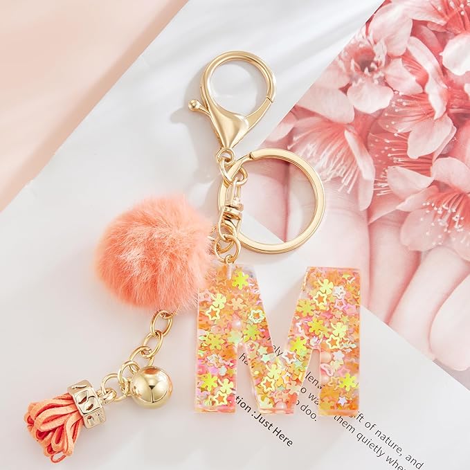 Resin Alphabet Initial Letter Keychain Keyring for Women Purse Handbags With Fur Ball Pom