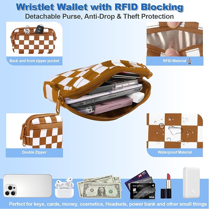 Clip and Go Strap for Phone with Wallet Crossbody, Adjustable Phone Lanyard with Detachable RFID Wristlet Wallet, Phone Strap with Phone Tabs for All Phones, Bronze Checkered (L)