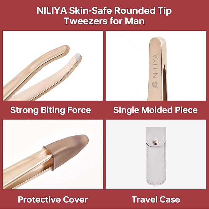 Beard Tweezers for Man, Professional Round Tip Pucker for Chin, with Leather Travel Case (Champagne gold)