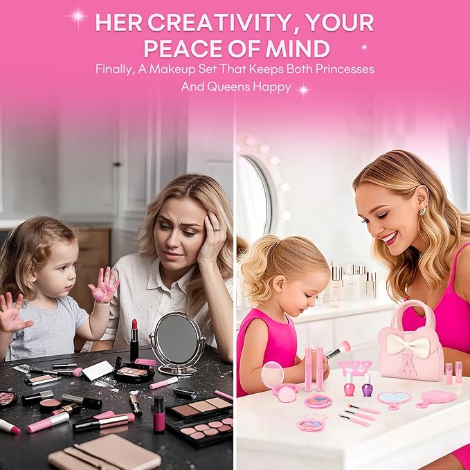 Kids Real Makeup Kit for Girls - 18Pcs Non-Toxic Washable Make Up Toys with Initial Toddler Purse - Personalized Birthday Gifts for Age 3 4 5 6 7 8 9 10 Years Old Girls Vanity Set - A