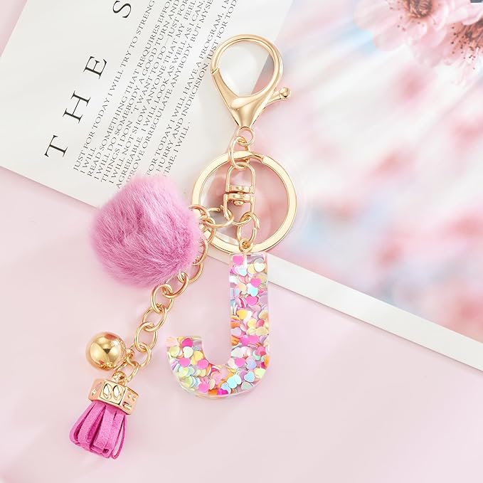 Resin Alphabet Initial Letter Keychain Keyring for Women Purse Handbags With Fur Ball Pom