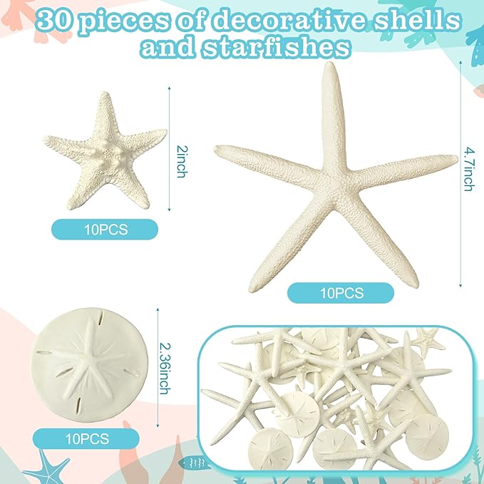 Queekay 15 Pieces Resin Starfish Sand Dollars 2.0 Inch 4.7 Inch Starfish 2.3 Inch Sand Dollars Crafts Ocean Themed Glittered Coastal Decorations for Summer Wedding Christmas Party Decor Supplies