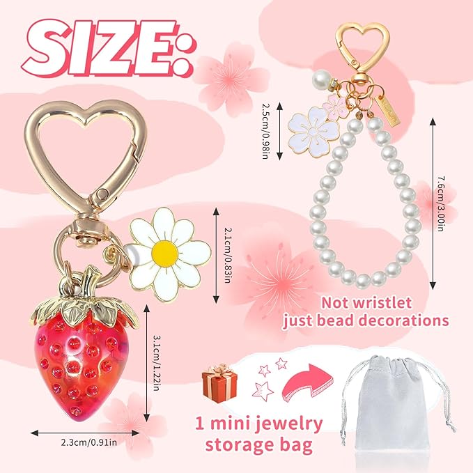 2Pcs Strawberry Keychain Flower Cherry Blossom Keychain Cute Bag Charms Strawberry Gift for Women Girls