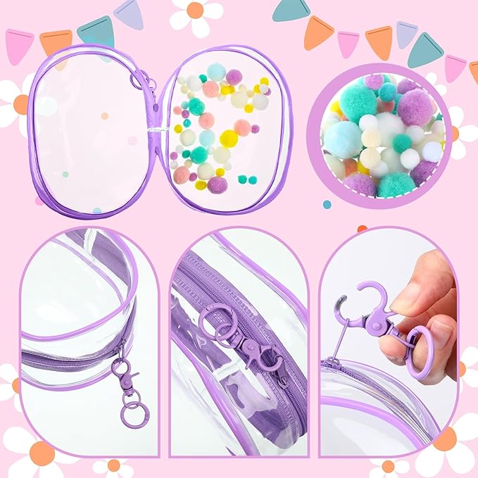 6 Pcs 7 Inch Clear Figure Display Bag with Keychain Large Doll Hanging Blind Box Display Case Clear Keychain Pouch with 2 Pcs Plush Balls for Figures Collectibles, Doll Collector(Mixed Color)
