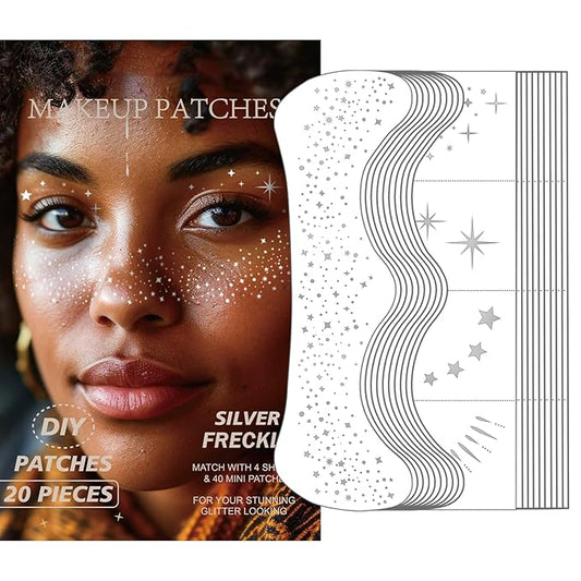 20 Pcs Silver Face Makeup Patches, Glitter Freckles Face Tattoo, Sparkle Makeup Patches, Glitter Freckles,Waterproof Face Glitter Patches for Women (Silver)