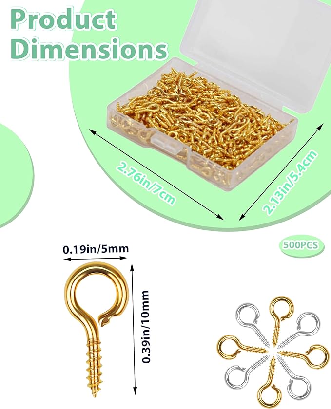 500pcs Gold Small Screw Eye Pins for Jewelry Making & DIY Crafts, Mini Eyelet Screws for Art Projects & Bead Charms, Tiny Eye Hooks, Mini Eyelet Hooks for Cork Top Bottles (5mm)