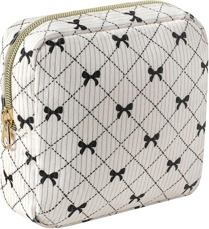 uekeboag Cute Small Corduroy Zipper Makeup Bag, Mini Coquette Aesthetic Pouch with Bear Pattern for for Purse,Key Pocket Lipstick Bag Card Holder Data Cable Organizer (15Beige bows)