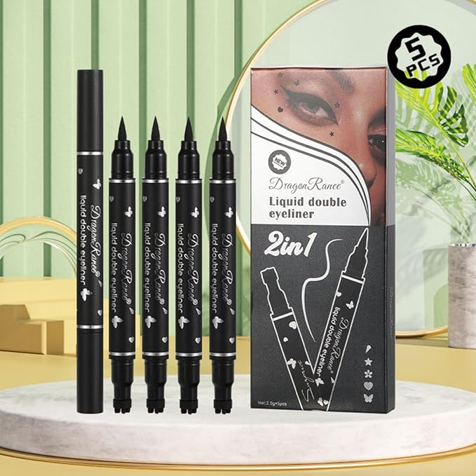 5 Pcs Black Liquid Eyeliner Set with Stamps and High Pigmented Long Lasting Double Head Eyeliners for Beginner Gift
