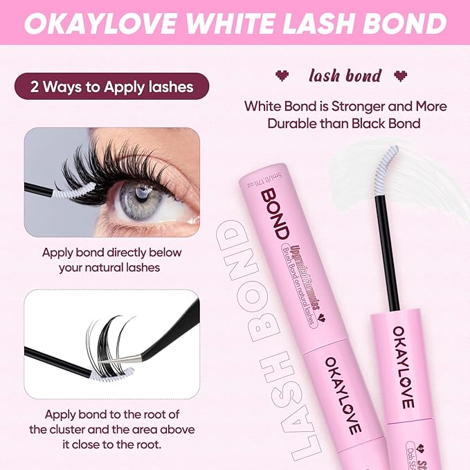 OKAYLOVE Lash Cluster Glue, Waterproof White Eyelash Extension Glue, 150H+ Strong Hold, 2-IN-1 Bond & Seal, Quick-drying, Non-Irritating