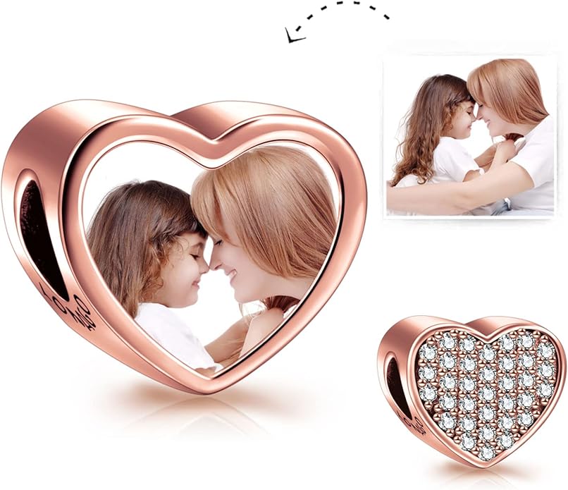 LONAGO 925 Sterling Silver Personalized Photo Charm Fit Compatible for Bracelet Necklace Customized Heart Round Shape Picture Bead