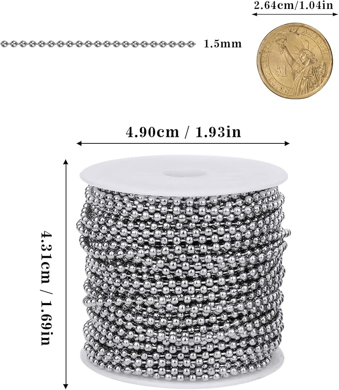 Cadikez Stainless Steel Ball Bead Chain [1.5mm/50Feet] Chains Spool with 30 PCS Connectors for Jewelry Making