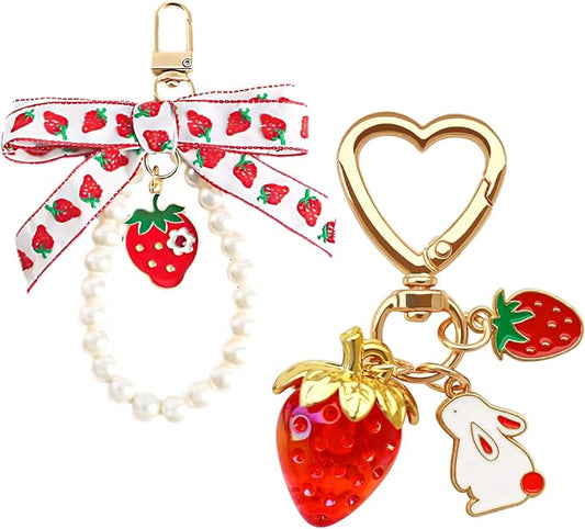 2Pcs Strawberry Keychain Charm Cute Bag Charms Flower Daisy Pearl Bow Keychain Strawberry gift for Women