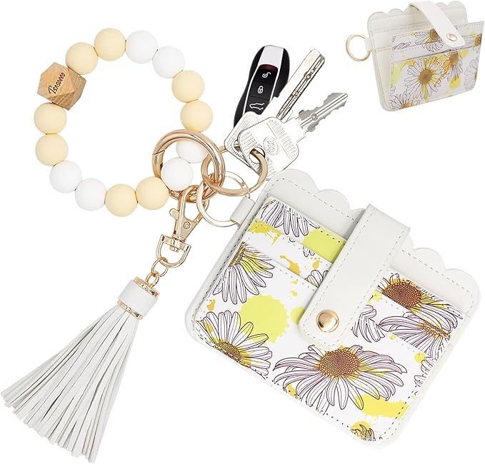 Keychain Wallet Wristlet Small Credit Card Holder Bracelet Key Chain Purse Bangle Tassel Beads Key Rings for Women