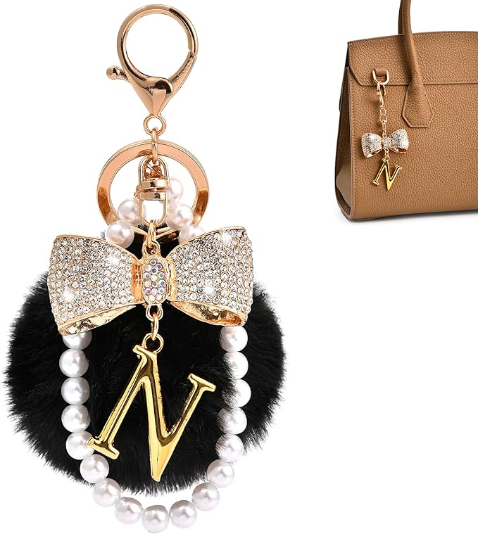 Gold Initial Keychain with Rhinestone Bow & Black Pom Pom, Cute Letter Bag Charm for Women Purse and Car Keys
